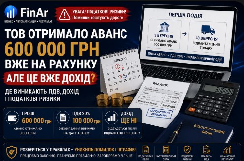 💰 ТОВ отримало аванс від покупця, але товар ще не відвантажило: де виникають ПДВ, дохід і податкові ризики